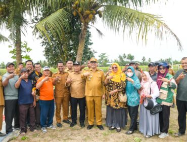 Bupati Deli Serdang, dr H Asri Ludin Tambunan didampingi Ketua TP PKK, Ny Jelita Asri Ludin Tambunan bersama Wabup, Lom Lom Suwondo SS didampingi Ketua I Bidang Pembinaan Karakter Keluarga, Ny Asniar Lom Lom Suwondo SS,menunjukkan bawang merah yang baru dipanen pada panen bawang merah Kelompok bersama Tani Oriza di Desa Sumberejo, Kecamatan Pagar Merbau, Selasa (10/3/2026).  
