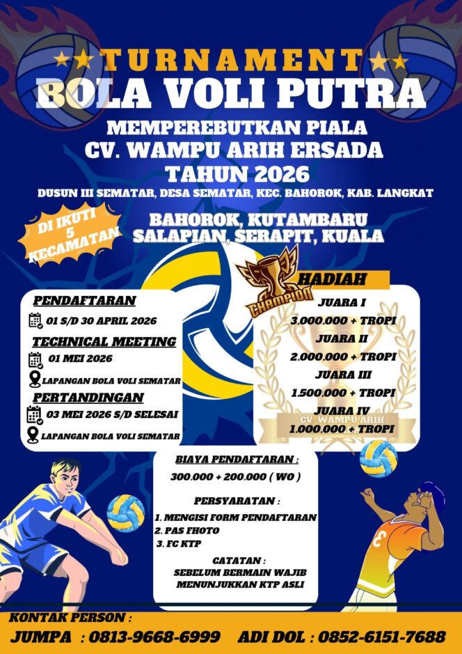 
					Turnamen Bola Voli Putra Piala CV Wampu Arih Ersada 2026 Siap Digelar