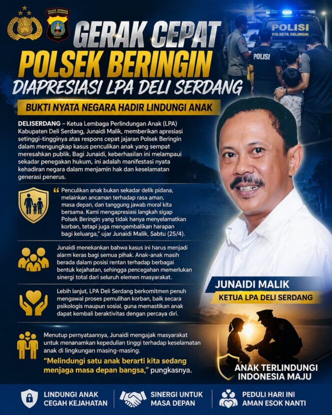 
					Apresiasi LPA Deli Serdang Gerak Cepat Polsek Beringin, Bukti Nyata Negara Hadir Lindungi Anak