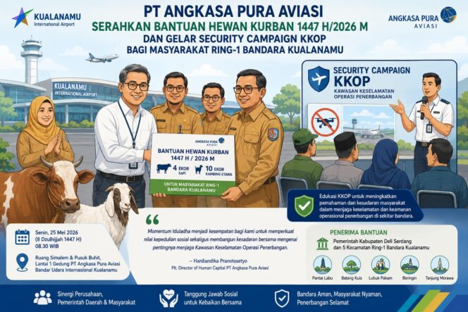 
					PT Angkasa Pura Aviasi Serahkan Bantuan Hewan Kurban 1447 H/2026 M dan Gelar Security Campaign KKOP bagi Masyarakat Ring-1 Bandara Kualanamu