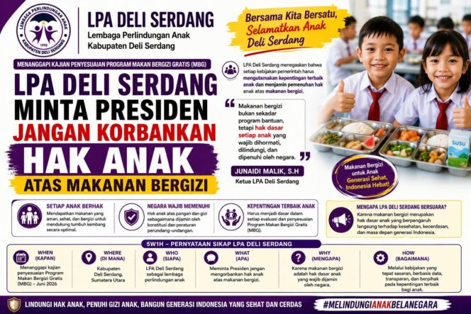 
					LPA Deli Serdang Minta Presiden Mengedepankan Hak Anak Atas Makanan Bergizi Gratis 