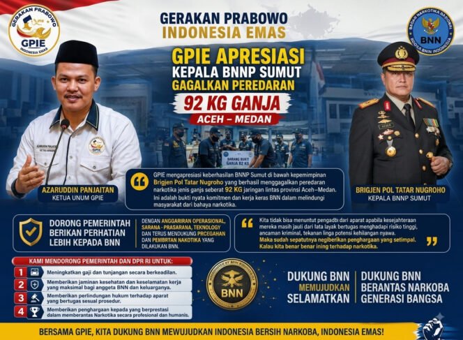 
					Apresiasi GPIE Kepada Kepala BNNP Sumut yang Telah Berhasil Gagalkan Peredaran 92 Kg Ganja di Medan-Aceh