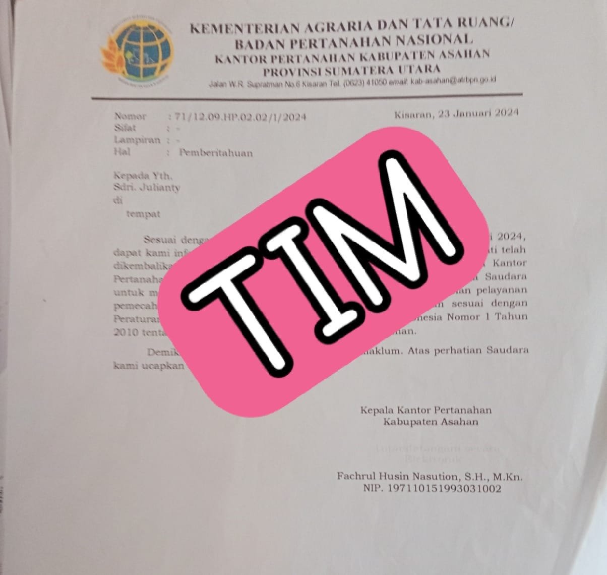 Diduga Oknum BPN Asahan Berikan Surat SHM No 74 Kepada Orang Lain. Pemilik Asli Lapor Polisi