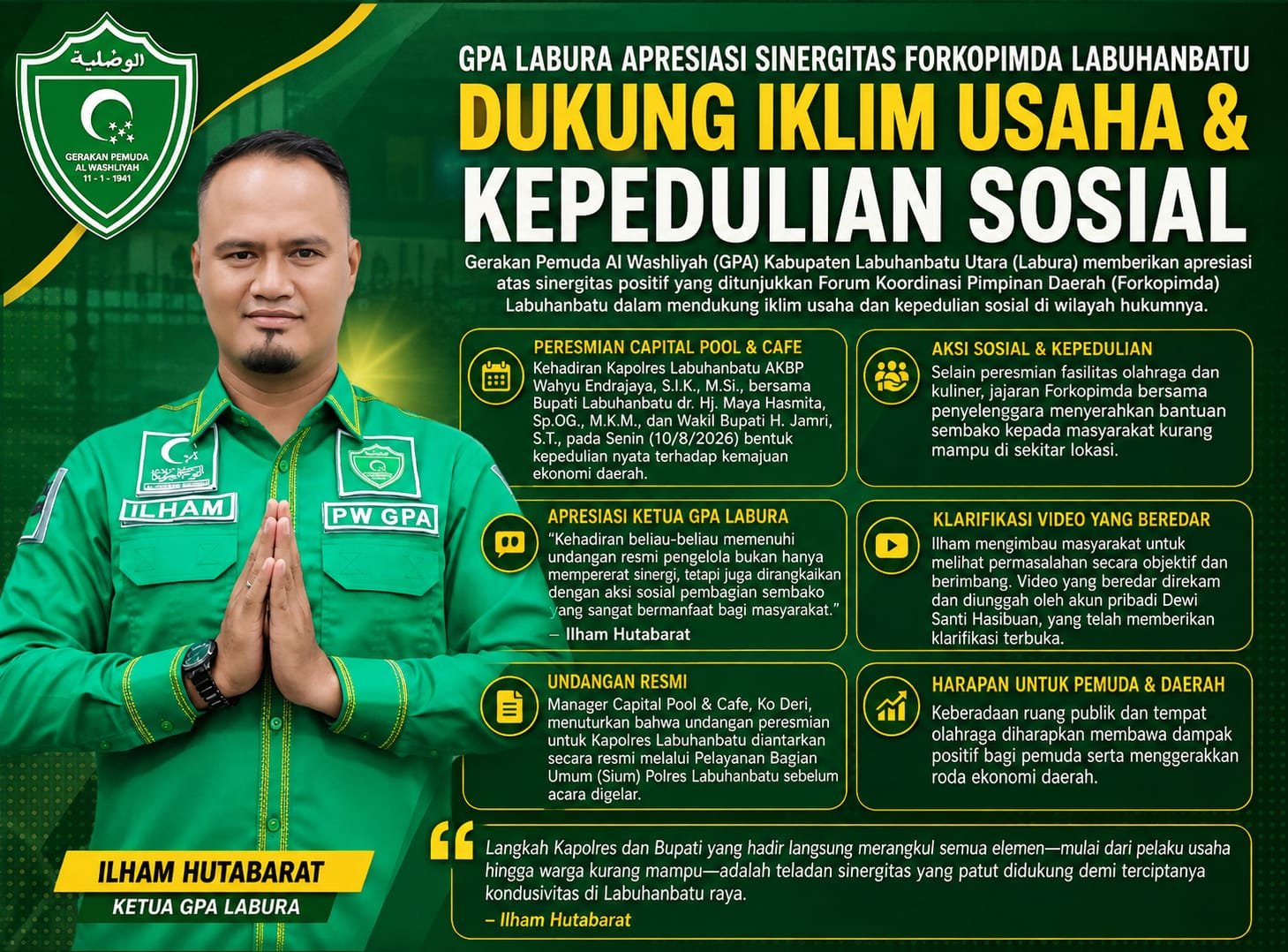 Apresiasi Sinergitas Forkopimda, GPA Labura Nilai Kehadiran Kapolres dan Bupati di Grand Opening Capital Pool Dorong Ekonomi Daerah