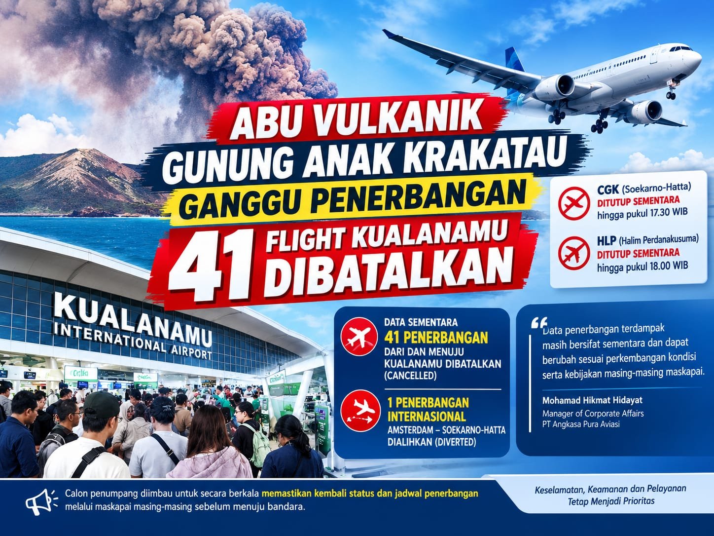 Abu Vulkanik Gunung Anak Krakatau Ganggu Penerbangan, 41 Flight Kualanamu Dibatalkan