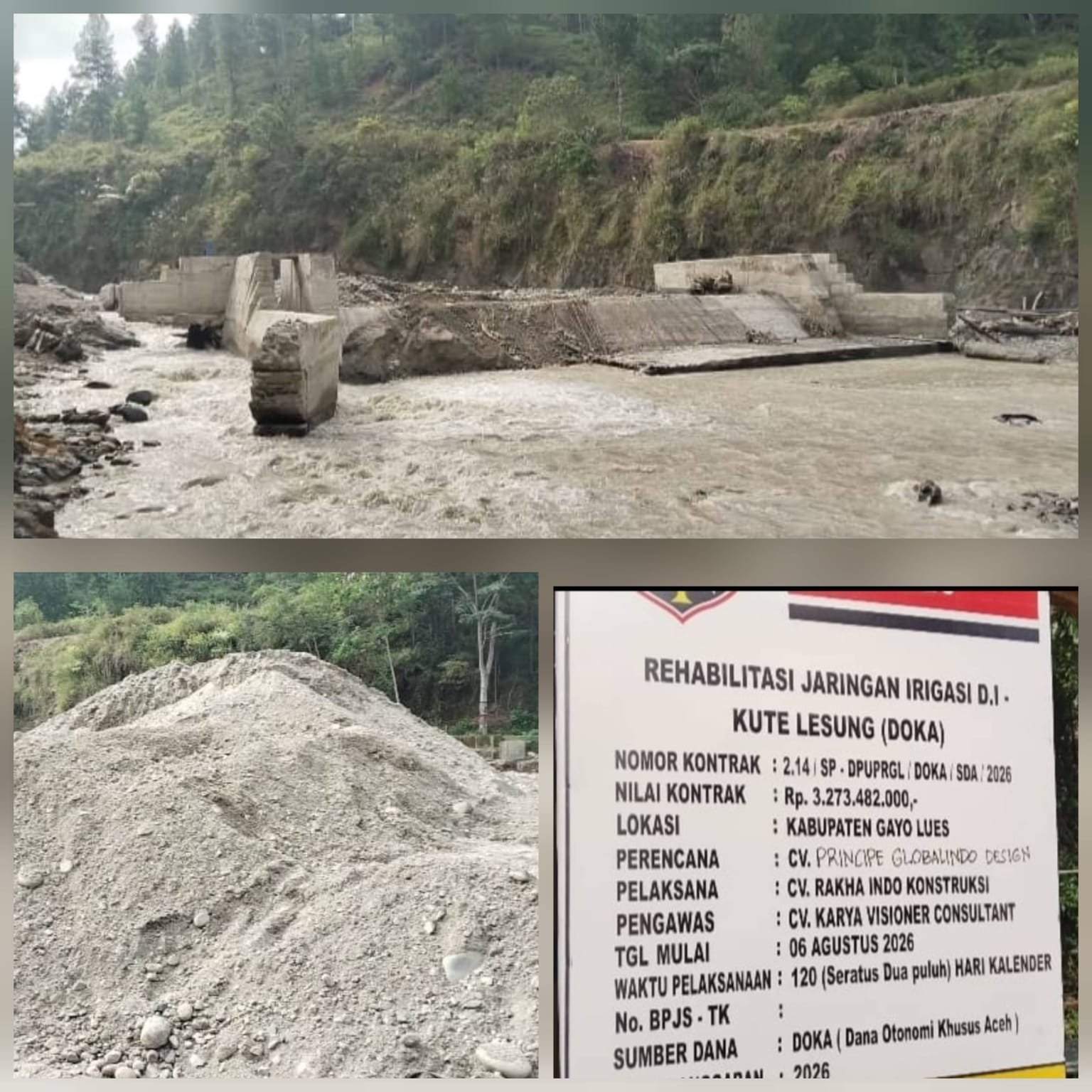 Proyek Rehabilitasi Bendungan Desa Riegeb Pagu Rp3,27 Miliar Disorot, Material Diduga Berasal dari Galian C Tanpa Izin